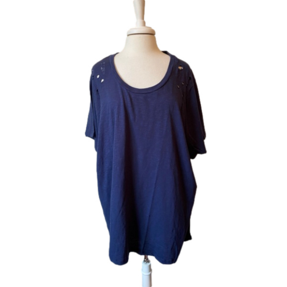 Roman's NWOT Navy Ripped Edgy Grunge Scoop Neck 100% Cotton Casual T-Shirt 3X
